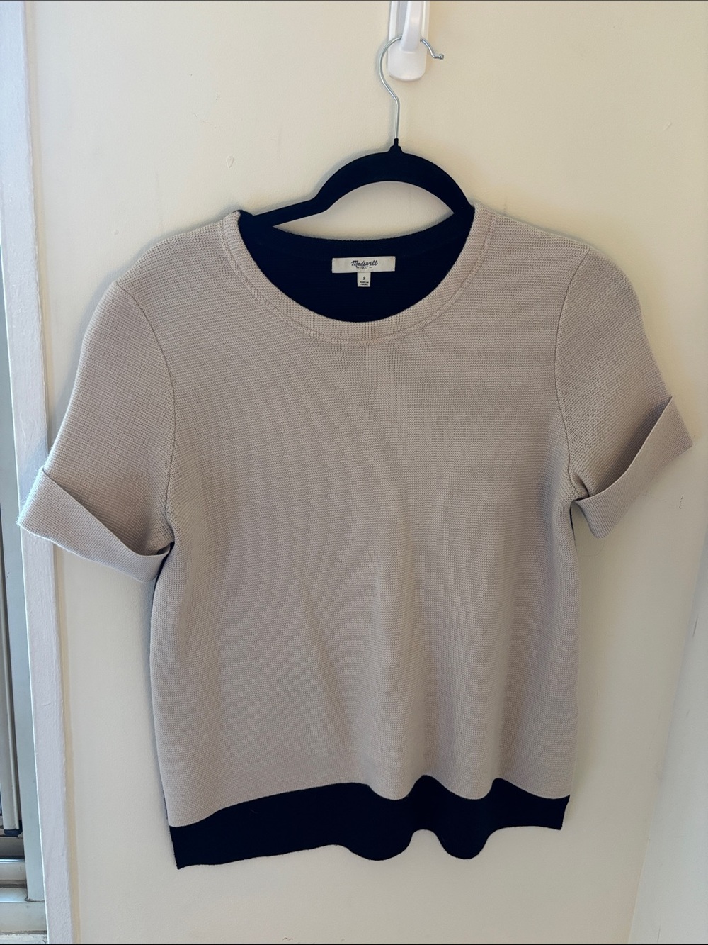 Madewell Wool Blend Neutral Two-Tone Knit Short Sleeve Top